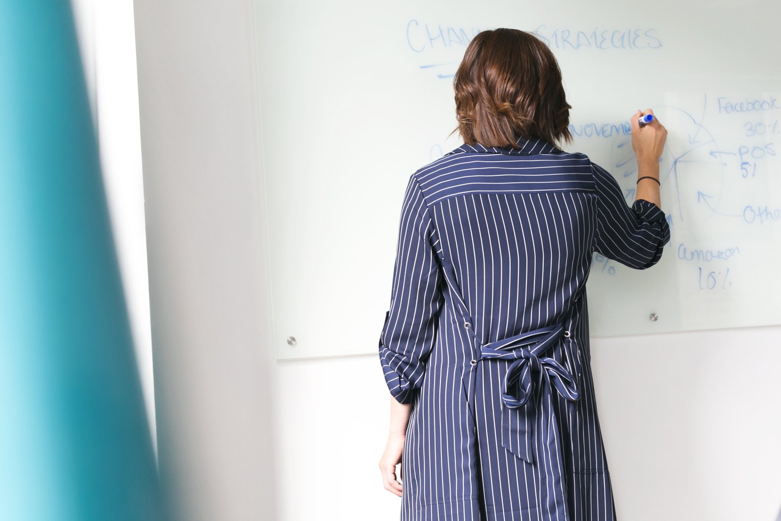 Woman writing ideas on a whiteboard