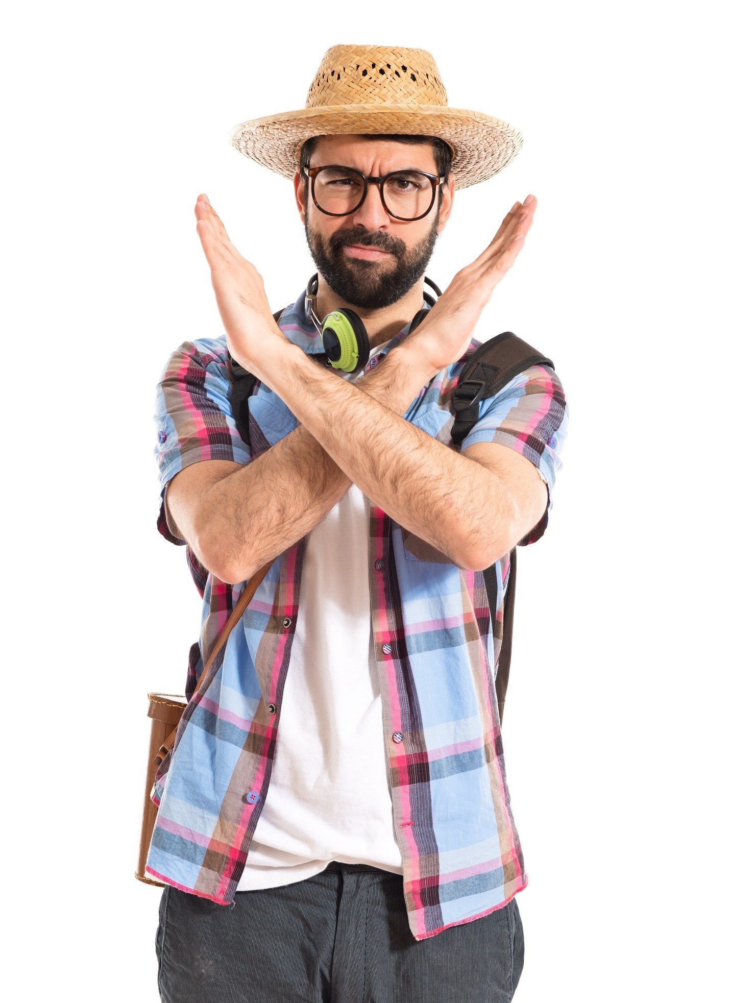 man making an 'X' arm hand sign