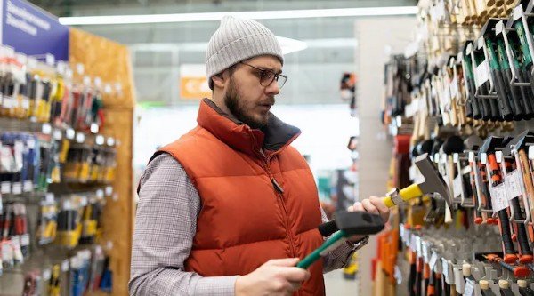 Man selecting a hammer from a hardware store shelf